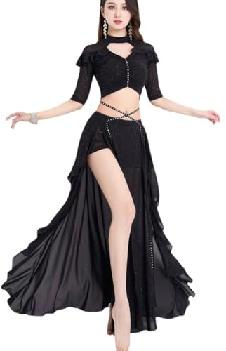 HEARTTOUCH Bauchtanz Kostüm Damen Kurzarm Bauchtanz Crop Top Tanzen Oberteil Lang Röcke Belly Dance Outfit Tanzkostüm Karneval Fasching
