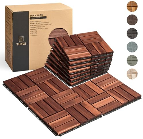 THYOI Premium Deck Tiles, Patio Flooring - Outdoor Waterproof Acacia Wood Tiles for All Weather Use - Balcony, Backyard, Indoor & Outdoor (Square Ft) (10, Dark Brown, 12S)