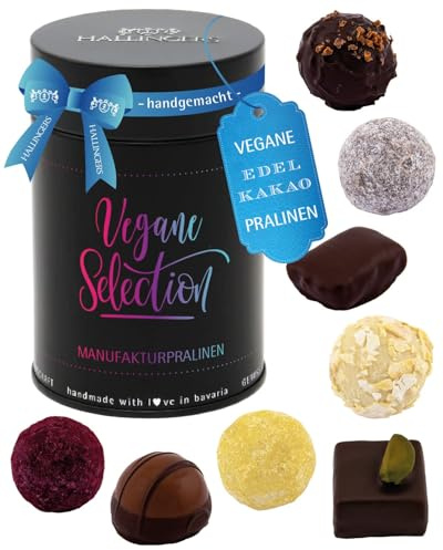 Hallingers Genuss Manufaktur Vegane Pralinen Geschenk - mit & ohne Alkohol, handmade aus Confiserie-Edelkakao in wertiger Geschenkdose Vegane Selection, Geschenkidee für Frauen Männer