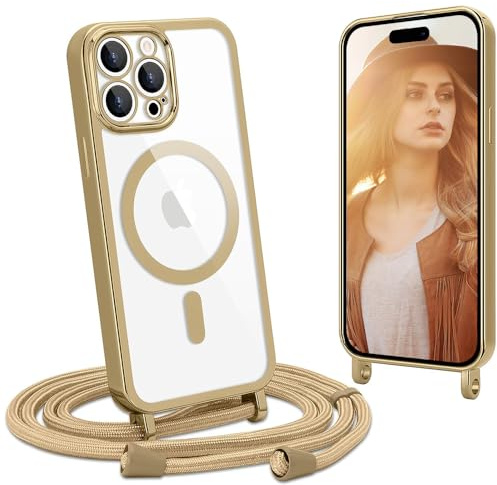 CaseLover Magnetisk mobiltelefonkedja kompatibel iPhone 15 Pro, fodral med band, klar silikonhalsband, mobiltelefonfodral med snöre för upphängning, stöttålig, kameraskydd, stötfångare, skyddsfodral