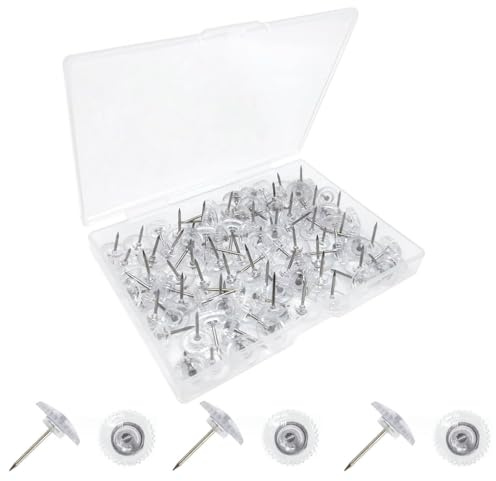100 Pieces Clear Push Pins Thumb Tacks Transparent Head Cork Board Flat Pushpins Steel Point Bulletin Board Tacks for Wall Hangings Cork Board Maps Posters Photos Pinboard with Box