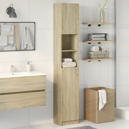 IKAYAA Armario Alto de Baño con 2 Estantes Abiertos y 4 Compartimentos - Mueble Columna Estrecho 32x25,5x190 cm Roble Sonoma