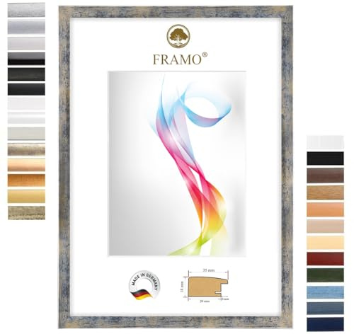 FRAMO Cadre photo en bois 20 x 40 cm (Dimension de l'image) en Bleu argent or | Taille sélectionnable | Affiches | Puzzle | Collage | Sur mesure | personnalisés