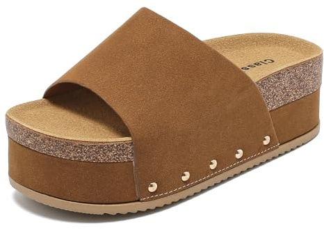 Foinledr Women's Platform Sandals with Cork Footbed Suede Clogs Sandal,Comfort Open Toe Summer Slides Mules Elegant Slip On Slippers For Walking Beach