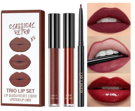 3 Stück Matt Rot Lippenstift Lipgloss Lipliner Langanhaltender Hochpigmentiert Wasserfester Nude Lippenstift 24 Stunden Halt (#10, SET)