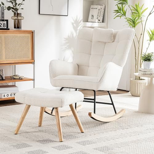 LANTRO JS Armchair with Footstool, Rocking Chair for Adults with a Comfortable Neck Pillow, Nursing Rocking Chair for Living Room, Bedroom