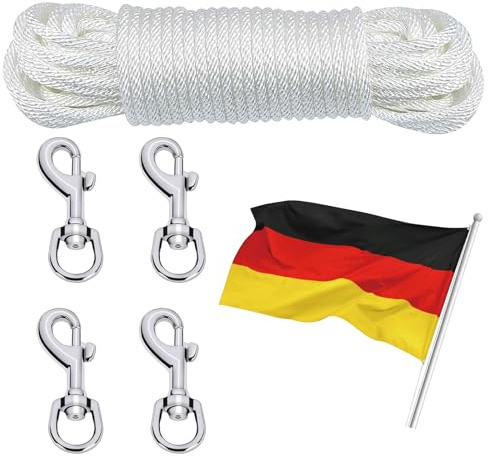 YUESIKJ 20M Fahnenmast Seil Wetterfest mit 4 Karabinerhaken Nylon Fahnenseil Hochwertiges Flaggenseil Fahnenmast Zubehör mit 4 Karabinerhaken Flag Rope für Außenbereich (Weiß)