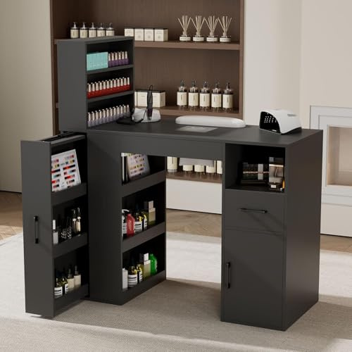 GOFEI Professional Nail Desk for Nail Tech with Storage Cabinet and Fan – Modern Nail Table for Salon, Nail Tech Table with Drawer, Armrest & Dust Collector,Manicure Table Nail Desk (Black)