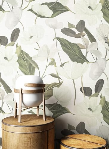 Newroom Papier Peint Intissé Floral Écru Tulipes Magnolias Chambre | Vert et blanc naturel, texture lin fine mat, ambiance scandinave, décoration murale salon, entrée