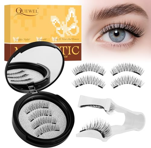 QUEWEL Magnetische-Wimpern Set, 1 Paar Magnet-Wimpern mit Applikator, kein Kleber erforderlich, einfach anzubringen und zu entfernen, wiederverwendbare Magnetische Wimpern natürlicher Look (05-DH02)