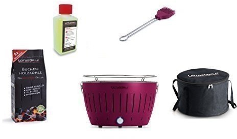 LotusGrill Starter Set 1x PRUGNA-VIOLA 1x CARBONE LEGNO FAGGIO 1Kg,1x PASTA COTTURA FUOCO 200ml,1x Pennello da barbecue PRUGNA-VIOLA,1x Borsa per trasporto - Der raucharme GRIGLIA CARBONE/BARBECUE