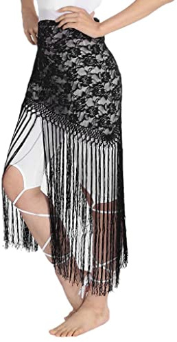 F Fityle Femmes Dame Vintage Danse Du Ventre Longue Frange Gland Jupe Dentelle Floral Triangle Hanche écharpe Vêtements, Noir, comme décrit