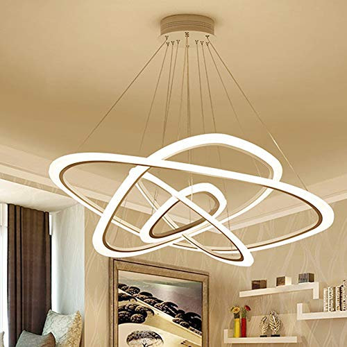 140W LED Dimmbar Hängeleuchte Modern 4-Ring Design Kronleuchter Weiß Acryl Metall Pendelleuchte Höhenverstellbar Deckenleuchte Esszimmer Büro Eßtisch Wendeltreppe(3000-6000K)
