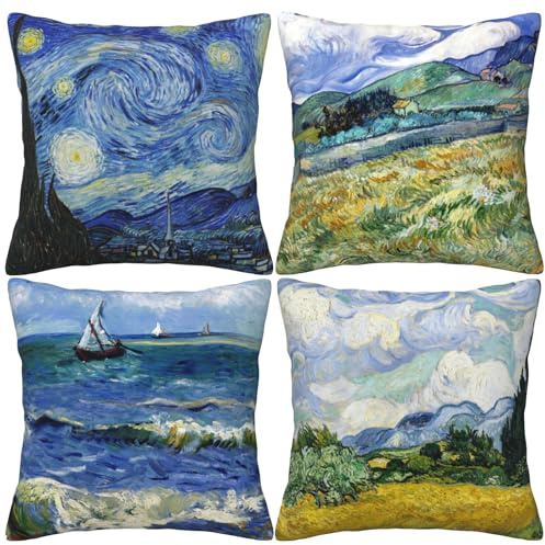 HOSTECCO 40 x 40 cm Kunstgemälde-Kissenbezüge, 4er-Set, inspiriert von Van Goghs Sternennacht-Muster, Kissenbezüge, abstrakte quadratische dekorative Kissenbezüge für Sofa, Couch, Bett