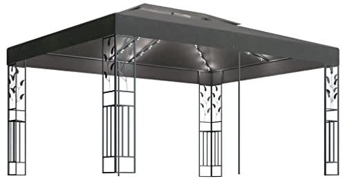 vidaXL Tonnelle avec Double Toit et Lumières LED Belvédère de Jardin Pavillon d'Extérieur Tente de Réception Chapiteau Barbecue 3x4 m Anthracite