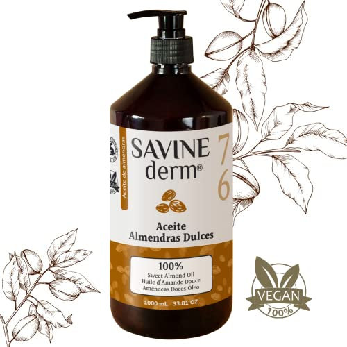 SAVINE DERM Aceite de Almendras Dulces 100% Natural – Antiestrías Embarazo – Hidratante Corporal y Facial – Piel Suave y Elástica – Puro y Vegano – Apto para Masajes y Bebés (1 L)