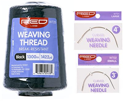 Red by Kiss Juego de hilo para tejer el cabello negro de 1422 yardas y agujas de tejer curvadas, kit de extensión de cabello