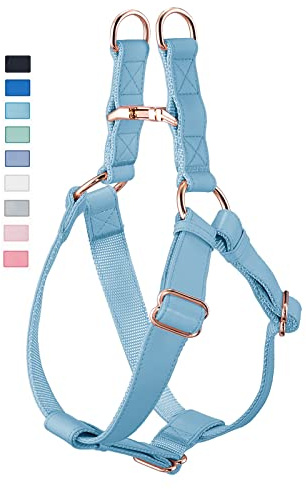 Soft Leather No Pull Dog Harness - Adjustable Step In Dog Harness with Rose Gold Heavy Duty Metal Buckle, Freedom Nylon Dog Halter Vests for Small Medium Large Dogs Easy Walking Training M, Light Blue