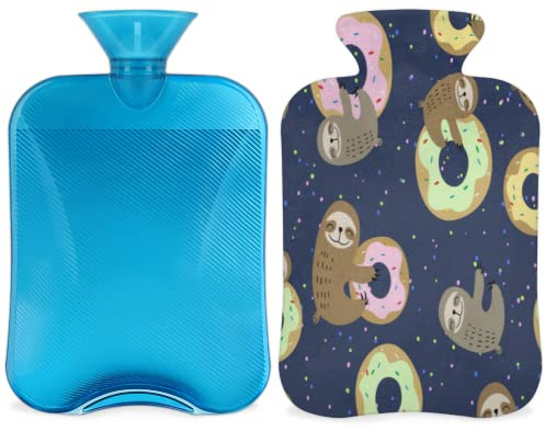Wärmflasche mit Bezug, 2 l, süßes Donut-Faultier, Wärmflasche, zur Erwärmung des Bettes/Schmerzlinderung, schönes Faultier-Muster, Wärmflaschenhülle
