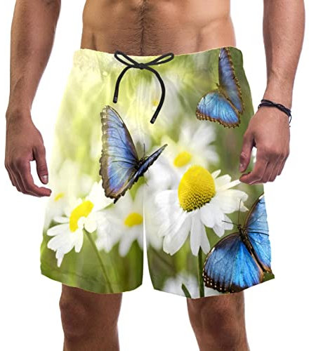 WOSHJIUK Herren-Shorts,Badehose,schnell trocknend,Schmetterlings-Gänseblümchen-Feld,Board Short Outdoor Walk Beach Bademode