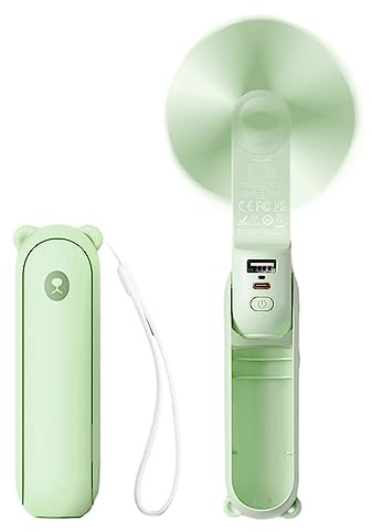 BYYLECL Ventilador de mano portátil, mini ventilador plegable recargable por USB, 24 horas de trabajo, ventilador personal silencioso con función de linterna para viajes al aire libre, color verde
