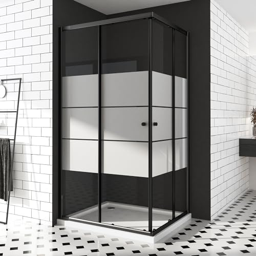 Duschkabine 80x80 cm, Schwarz Doppel Schiebetür Milchglas Streife Eckeinstieg Duschwand Duschabtrennung 6mm ESG Sicherheisklarglas Schnelle Installation Höhe 185cm