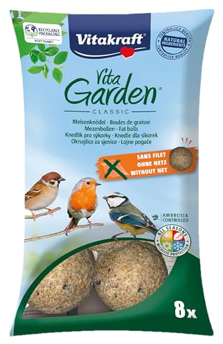 VITAKRAFT - Vita Garden - påse med 8 nätfria fettbollar för trädgårdsfåglar - fullt foder för fåglar alla årstider - 680 g