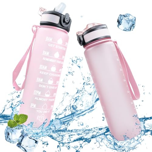 flowgoer Bouteille d'eau pour le sport, 1 l, en Tritan, sans BPA, anti-fuite, avec paille et marquage du temps, sangle de transport, pour la salle de sport et l'extérieur, rose