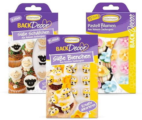 Günthart BackDecor essbares Osterset aus Süßen Bienchen, Pastell Blumen & Süßen Schäfchen Zuckerfiguren, insgesamt 38 Stück, Ideal zum Backen von Ostergebäck wie Torten für festliche Oster-Kreationen