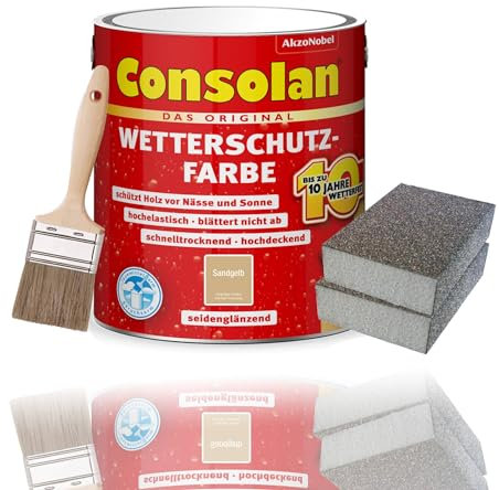 Consolan Wetterschutzfarbe Set 2,5 l Holzfarbe Dauerschutz Deckend mit Zubehör (Sandgelb)