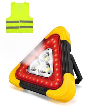 Triangolo Luminoso, Segnale di Triangolare, Triangoli per Auto, Triangolo di Sicurezza, Luce di Allarme da 30 W, Luce di Emergenza Portatile, Impermeabile, 3 Modalità, Gilet Riflettente Incluso.