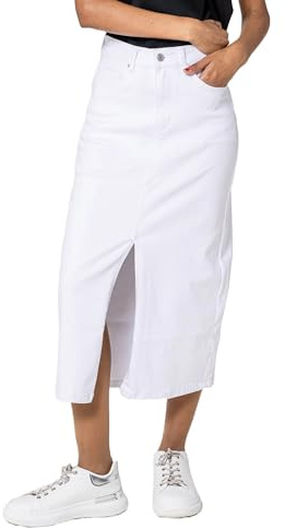 Nina Carter P215 Gonna in jeans da donna a vita alta - Gonna lunga elasticizzata con spacco sul davanti, look usato, lunghezza al polpaccio con chiusura lampo, S