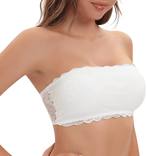 Cavotor Lace Strapless Bra for Women Wireless Bandeau Bra Seamless Padded Bralette Tube Top Sexy Stretchy Comfortable Bras (White,L)