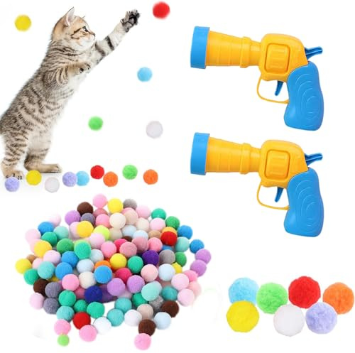 XUTONG Ballwerfer für Katzen mit 50 bunten Bommeln, 2 Wurfwerfer, interaktives Spielzeug für den Innenbereich, 3 cm