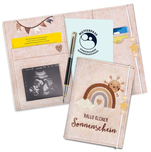 Mutterpasshülle Filz mit Stickerei Regenbogen & Sonne – Schutzhülle für Deutschen Mutterpass & Impfpass | Robuste Hülle mit süßem Motiv | Geschenk für Schwangere & werdende Mütter Aprikose
