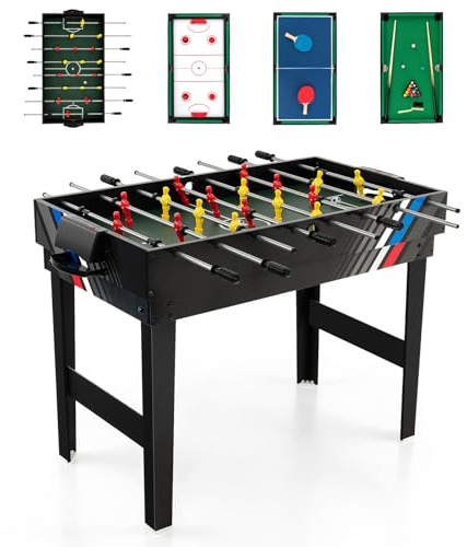 DREAMADE Table Multi-Jeux 4 en 1, Ensemble de Table Combinée avec Football, Push Hockey, Billard, Tennis, Billard, Football pour Salles de Jeux, Bars