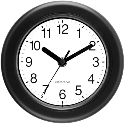 Caysie 16,5 cm versiegelte Uhr für drinnen und draußen, wasserdicht, hängend oder stehend, leise, batteriebetriebene Wanduhren für Pool, Terrasse, Badezimmer (schwarz)