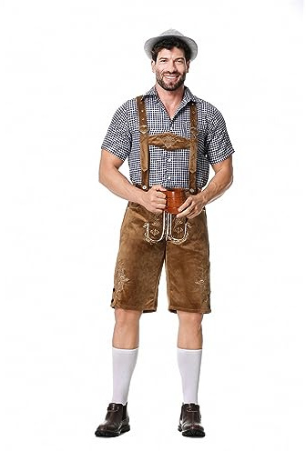 Trachten Set Herren, 4 Teilig, Kurze Lederhose + Hoseträger + Trachtenhemd + Trachtenhut, Hochwertiges Trachtenset für Oktoberfest, Deutsches Bayerischen Oktoberfest Kostüm Set (Yellow-b, L)