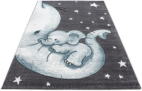 Stilvoll Günstig by ELMM Kinderteppich Teppich Kinderzimmer Spielzimmer Blau 120 x 170 Elefanten-Design Kurzflor