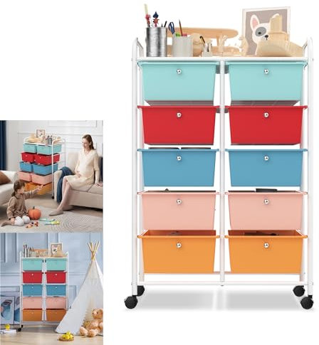 Suusolny Rollwagen mit 10 stapelbaren Schubladen 96 x 39,5 x 66 cm Schubladenwagen Rollcontainer Badrollwagen Haushaltswagen mit feststellbaren Rollen für Küche Büro Bad (Modell A)
