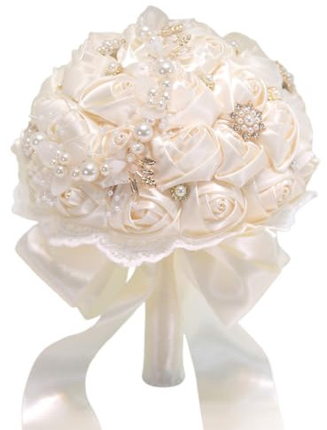 belupai Bouquet da Sposa per la Sposa, Rose di Seta Che Tengono Mazzi di Fiori Artificiali con Nastro di Raso Perle Strass Che Tengono Fiore per la Sposa Bouquet da Sposa Reale (A)