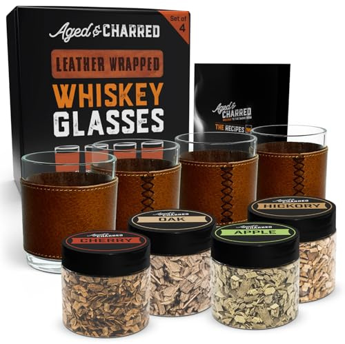 Leather Wrapped Whiskey Glasses Set with Hand-Stitched Scotch Whisky Glasses & Smoking Wood Chips Cocktail Smoker Variety Pack (Apple, Hickory, Oak, Cherry) – Perfect for Bourbon & Old Fashioned Infus