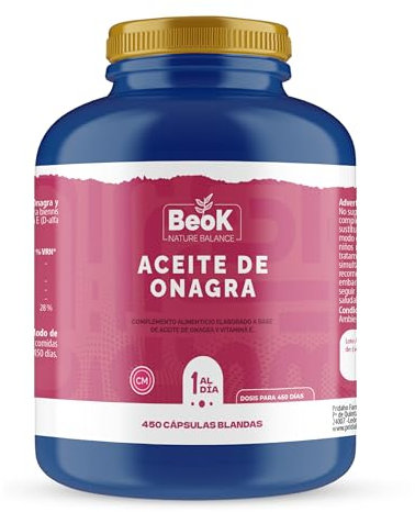 BEOK – Aceite de Onagra 450 Cápsulas Blandas – Complemento Alimenticio con Vitamina E – 1500-3000 mg de Aceite de Onagra por Día – Apoyo Hormonal y Bienestar Femenino