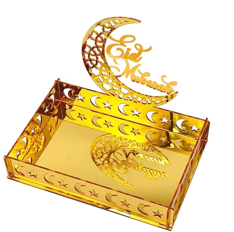 DONGKER Ramadan-Dekoration, 1 Stuck Acryl Ramadan Serviertablett, Mubarak-Mond-Abendessen-Tischdekoration, Islamische Deko Teller Ablett, als Geschenke für Eid-Partys