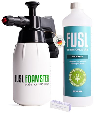 FOAMSTER Schaumkanone - 1 Liter Kraftvoller Kalk- & Schmutzlöser mit Zitronensäure, Umweltfreundlich, Für alle Oberflächen, Inkl. 3 Schaumkapseln für Streifenfreien Glanz (1L + Schaumkanone)