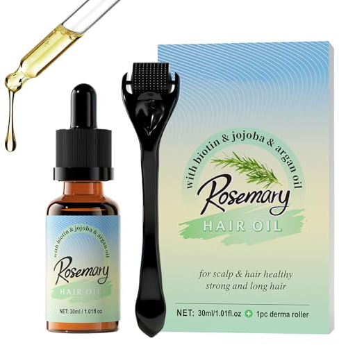 Rosemary Hair Oil Set with Derma Roller - 100% Pure & Organic Rosemary Oil for Hair - Rose-mary Oil for H-air - Promotes Thicker & Stronger H-air - Scalp Oil for H-air Thinning