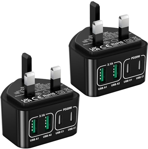 2-Pack USB Plug UK, 40W 4-Port Fast Charger Plug Dual PD Power Adapter+QC Wall Plug, Multiple USB C Plug Fast Charge Multi Type C Charging Plug for iPhone 17 16 15 14 13 12 11 Pro Max, Samsung,iPad