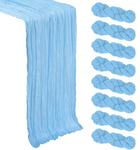 Lot de 8 chemins de Table en étamine, Bleu Layette, 3 m, Tissu Rustique | Tissu de gaze à fromage, tissu bohème transparent, rustique, décoration de fête, fête prénatale, décoration de mariage