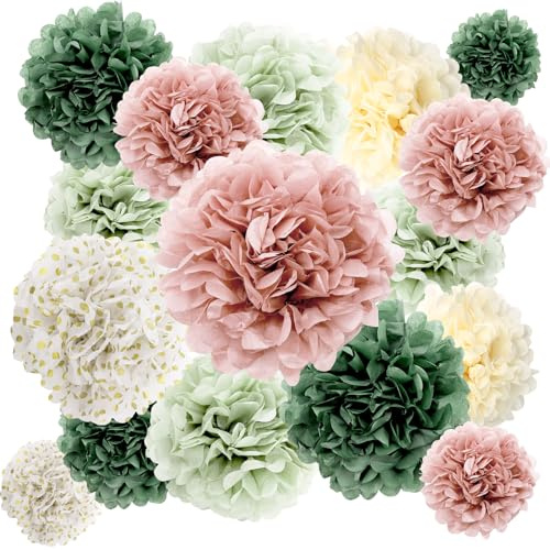 BestoFun 16 Stück Salbeigrün Seidenpapier Pompoms Dunkelgrün Weiß Pompons Deko Beige Bohnenrosa Pompoms Dekoration für Hochzeit und Geburtstag Deko Gartenparty