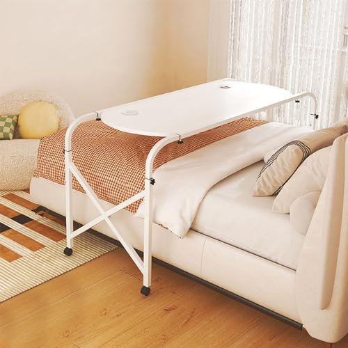 Table de lit réglable avec roulettes – 120 cm blanche, parfaite pour la maison et l'hôpital, hauteur réglable, plateau de chevet roulant pour plus de commodité